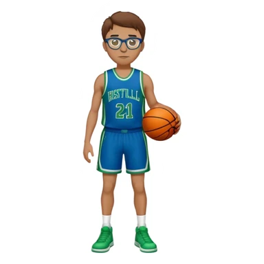 full body brown hair white male basketball player wearing glasses in blue an green uniform sticker
