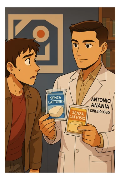 fai un webtoon manga a colori con questo stile, in cui un uomo ASCOLTA Il kinesiologo con il camice bianco (fagli anche la scritta "ANTONIO ANANIA" SUL CAMICE, IL KINESIOLOGO SPIEGA ALL'UOMO UNA MOSTRANDO VARI PRODOTTI DA SUPERMERCATO CONFEZIONATI (TIPO SCATOLA DI LATTE, MOZZARELLE CONFEZIONATE, FORMAGGIO CONFEZIONATO), OGNI CONFEZIONE HA LA SCRITTA "SENZA LATTOSIO SULL'ETICHETTA. L'UOMO OSSERVA IL KINESIOLOGO CON ESPRESSIONE CONFUSA IN VOLTO. non fare i fumetti però, fai solo in modo che sembri stiano parlando sticker