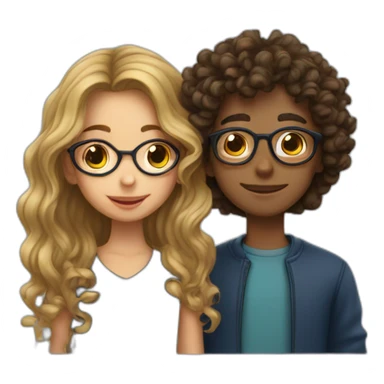 a girl with long wavy hair kissing a boy with glasses and curly hair sticker