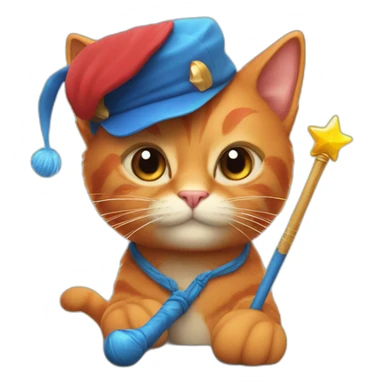 Red cat in a blue cap and with a magic wand sticker