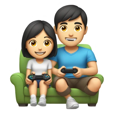 Cute Asian Couple sitting together and having fun playing video games sticker