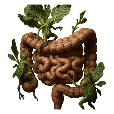 Ultra-realistic 4K illustration: stylized lettuce leaves depicted as plant-like creatures interacting with a human anatomical model of the intestine. The scene is surreal and scientific, with organic textures, refined biological details, dramatic lighting, and a bio-fantasy photorealistic style sticker