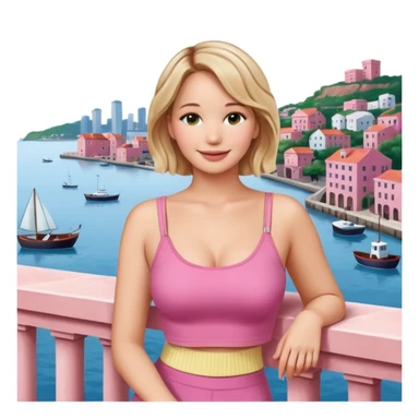 jennifer lawrence, pink crop top leaning on a balcony with a harbor and cityscape in the background, smiling sticker