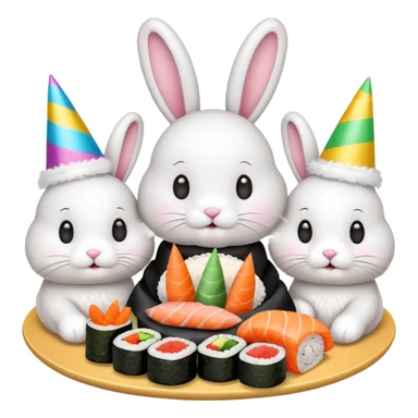 four bunnies together eating sushi at a birthday party, festive, colorful, party hats, birthday decorations sticker
