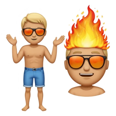 Comic emoji of man trying to fan himself because it's sunny then suddenly his butt is on fire but then it got bigger and then goes to the ocean but makes the fire bigger sticker