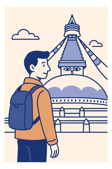 minimalist design of a man in an orange jacket with a backpack, standing in front of Boudhanath Stupa in Kathmandu, city tour, cultural landmark sticker