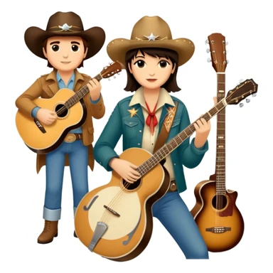 Icon for Country Music: A collage featuring Eagles as a band, Ricky Nelson, and Linda Ronstadt. Acoustic guitars, banjo, cowboy hats and a vintage Americana aesthetic evoke the spirit of classic country and country rock. Warm earthy tones. Transparent background. sticker