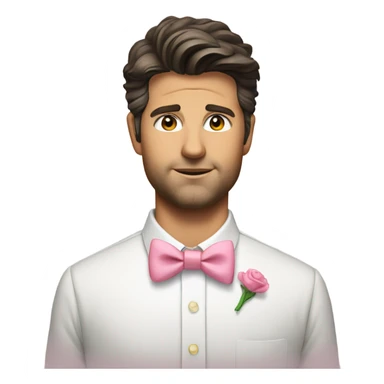 adam scott wearing a white button up and a pink bowtie sticker