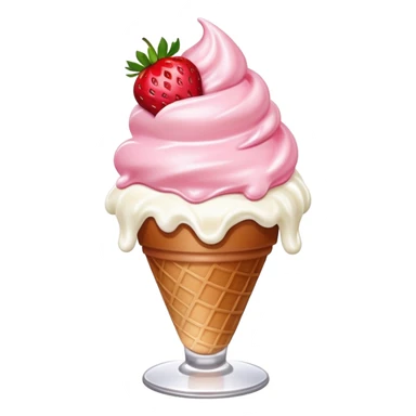 strawberry ice cream sundae, pink ice cream, whipped cream, and a strawberry sticker