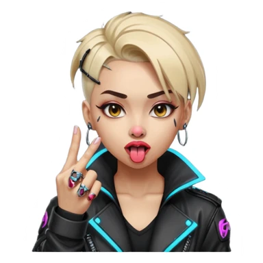 Woman with her tongue out in cyberpunk clothing and giving the middle finger. Looking naughty. sticker