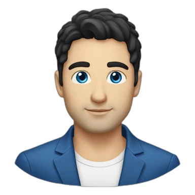 30 year old man, caucasian, black hair, blue eyes, blazer, t-shirt sticker