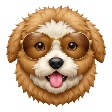 Create a small fur  circle mini golden doodle dog with brown eyes tan fur emoji  sticking its tongue out with sunglasses on sticker