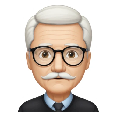 An elderly man with neatly combed white hair swept back, giving a tidy and classic look, and wears black rectangular glasses. His face is oval-shaped with  a small white mustache above his lips.d. sticker