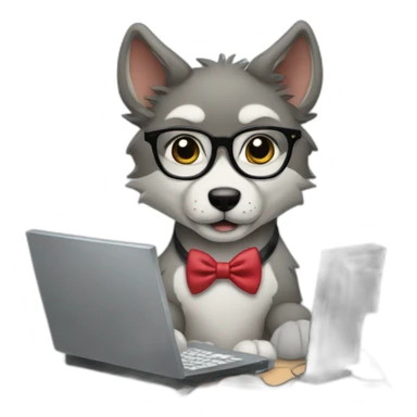 a wolf cub with glasses and a bow tie working on a computer. sticker