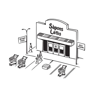 Isometric supermarket building with glass entrance, shopping cart return areas, and parking spaces sticker