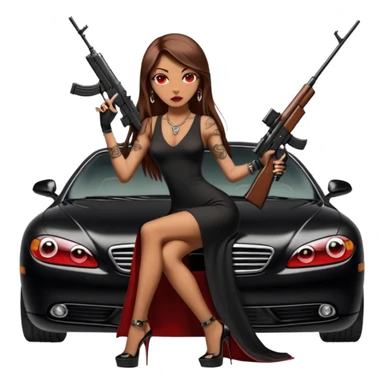 Lilith tan skin female red eyes symbol. Tattoo arms. Her hair is brown straight long hair.wearing sexy long sexy Chanel dress with slit. black stiletto thick platform high heels shoes on. Sitting on giant luxury car with cash inside . She is holding a sniper rifle in one hand cash in other hand sticker