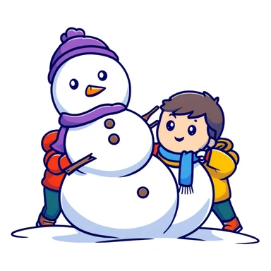 kids building a snowman, cartoonish and fun sticker