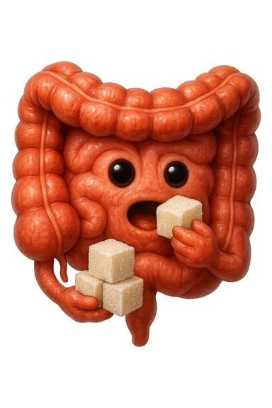 emoji stile iphone di un intestino anatomico che mangia zollette di zucchero, iperrealistico 4k, isolato su sfondo bianco sticker