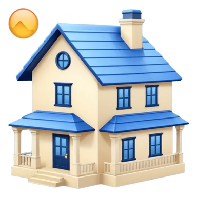 a creamy-colored house with dark blue trim and a blue roof sticker