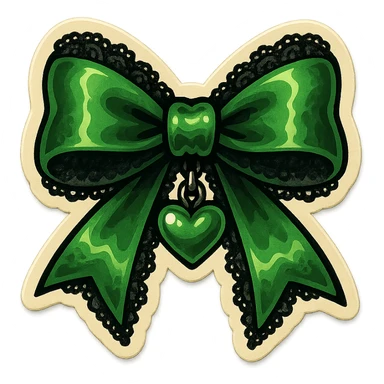 green gothic bow with black lace trim and heart charm, remove background sticker