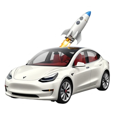 Tesla model 3 white.  Rocket boost on roof  sticker