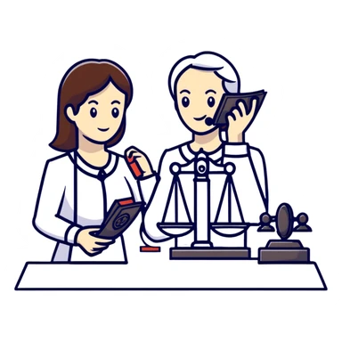 female notary with justice scale and stamp, phoning with another woman sticker