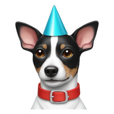 black and white rat terrier wearing red collar and party hat sticker
