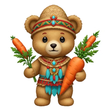teddy bear, wearing red mayan ancient custome, with carrot sticker
