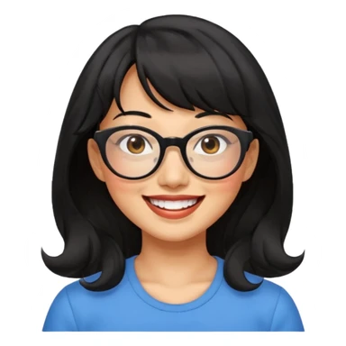 40 yr old asian woman wavy black hair bangs big glasses big smile tanned skin brown eyes sticker