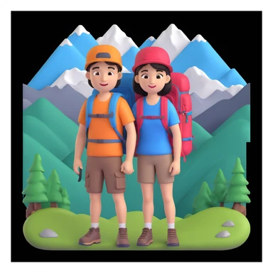 back packer couple posing, mountains in background,   close up pose sticker