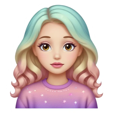 “Emoji girl, soft eyeliner, gradient rose lips, light brown shimmer eyeshadow, sparkly aegyo-sal, long wavy hair, cozy pastel sweater.” sticker