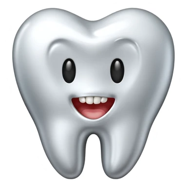 human tooth emoji, smooth chrome ceramic-metal texture, clean medical luxury aesthetic, isolated on white sticker