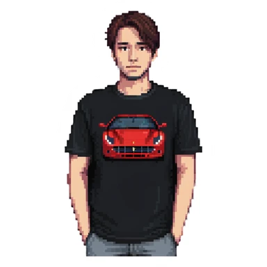 depressed man wearing a Ferrari t-shirt sticker