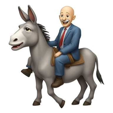 a laughing donkey with an old bald man sitting on it sticker