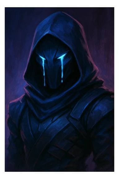 Valorant Omen with tears streaming down mask, stylized, dramatic lighting, blue and purple tones sticker