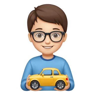 The child with glasses → is holding a toy car sticker