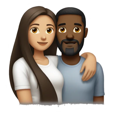 light skin woman with very long straight brown hair hugging black man with very short dark hair and a long dark beard wearing a white tshirt sticker
