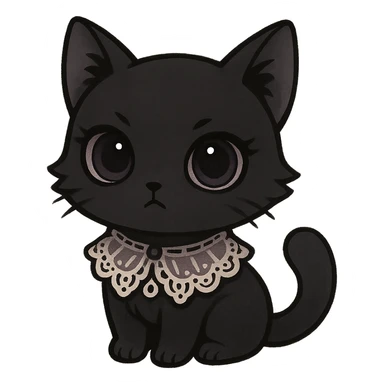gothic cat, chibi style, black fur, lace collar, big eyes, cute but mysterious sticker