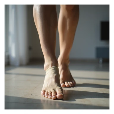 realistic 4K woman wearing an orthotic insole, smiling relieved while walking, but with a shadow of doubt on her face sticker