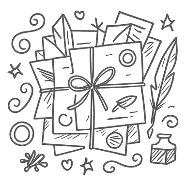 Стопка старинных писем в стиле дудлинг — конверты перевязаны шнуром или ленточкой, некоторые слегка приоткрыты, из них выглядывают пергаменты, карточки, перья. Вокруг — декоративные элементы: завитки, сердечки, звёздочки, чернильные пятна, сургучные печати, штампы, перья и чернильницы. sticker