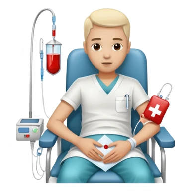 person sitting in a hospital chair receiving a blood transfusion, blood bag connected to their arm, calm expression sticker