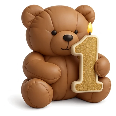 brown teddy holding sparkly number "1" candle, cushion style, transparent background sticker