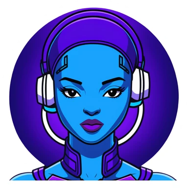 Cyberpunk African female portrait with digital augmentations, electric blue and purple lighting, high-tech headpiece with African pattern elements sticker