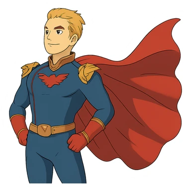 ghibli style Homelander with cape flowing, no background sticker