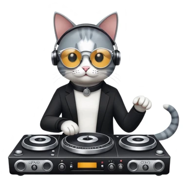 cat DJ with turntables, minimal details, clear silhouette, website icon sticker