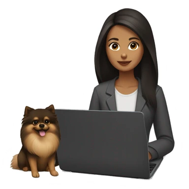 A girl with white skin, long dark brown hair, and brown eyes sitting in front of a laptop and her black-and-tan pomeranian is next to her. sticker