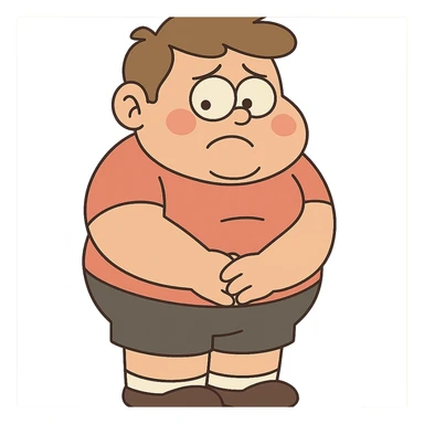 standing fat boy kid, embarrassed, cartoon style sticker