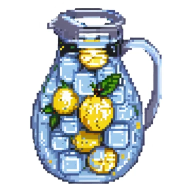 pitcher of lemonade with ice cubes, pixel art style sticker