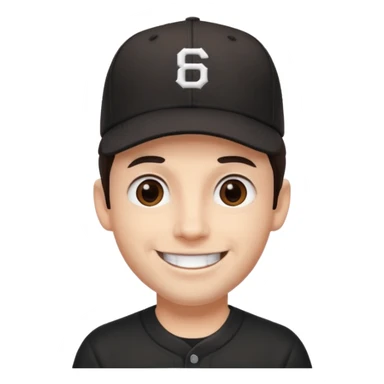male, dark brown hair, dark brown eyes, fair skin, black baseball hat, no teeth sticker