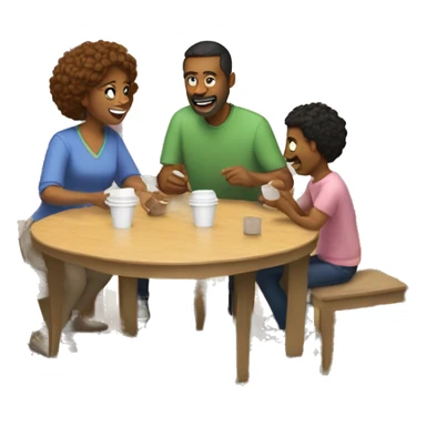 An emoji of a family—mother, father, and child—sitting at a table, playing a cup game with paper cups arranged on the table as they have fun together sticker